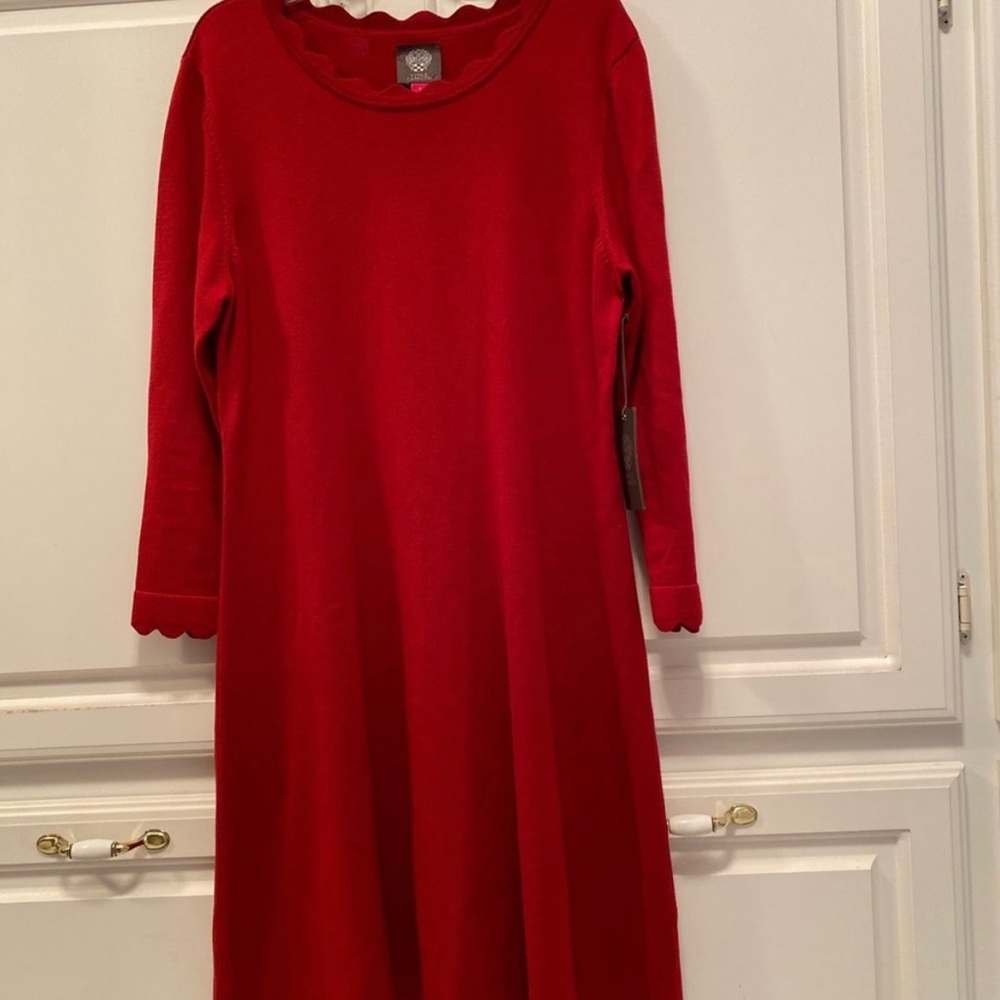NEW, Vince Camuto Scallop Trim Red Sweater Dress Size Large